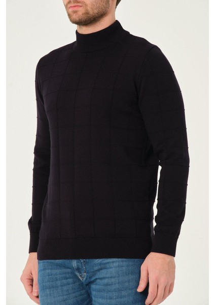 Erkek %100 Pamuk Kareli Triko Kazak Yarım Balıkçı Yaka Standart Fit Normal Kesim Siyah