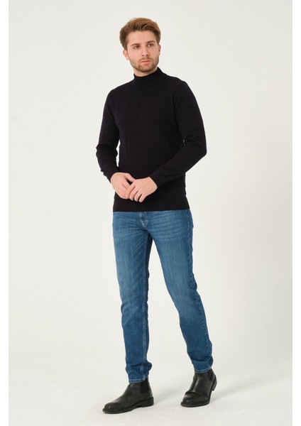 Erkek %100 Pamuk Kareli Triko Kazak Yarım Balıkçı Yaka Standart Fit Normal Kesim Siyah modelleri