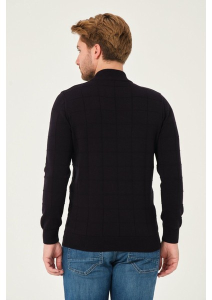 Erkek %100 Pamuk Kareli Triko Kazak Yarım Balıkçı Yaka Standart Fit Normal Kesim Siyah fırsatları