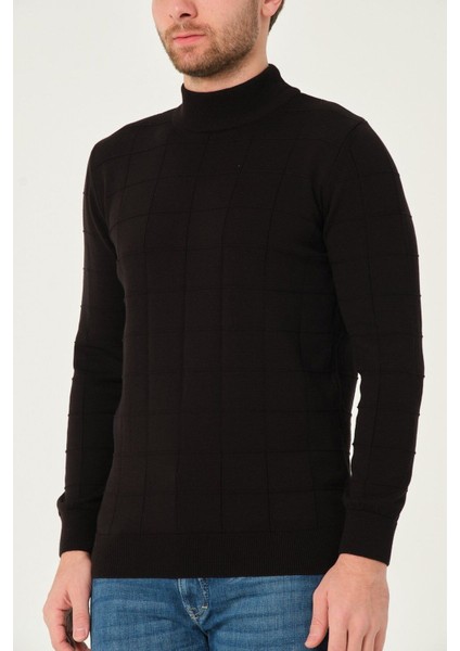 Erkek %100 Pamuk Kareli Triko Kazak Yarım Balıkçı Yaka Standart Fit Normal Kesim Siyah indirimleri