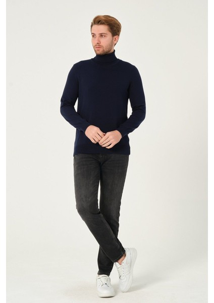 Erkek %100 Pamuk Düz Triko Kazak Balıkçı Yaka Standart Fit Normal Kesim Lacivert fiyatları