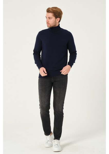 Erkek %100 Pamuk Düz Triko Kazak Balıkçı Yaka Standart Fit Normal Kesim Lacivert fırsatları