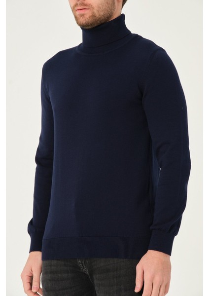 Erkek %100 Pamuk Düz Triko Kazak Balıkçı Yaka Standart Fit Normal Kesim Lacivert indirimleri