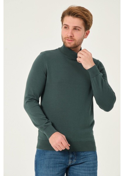 Erkek %100 Pamuk Düz Triko Kazak Yarım Balıkçı Yaka Standart Fit Normal Kesim Nefti