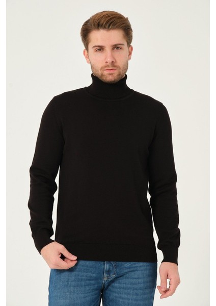 Erkek Pamuk Düz Triko Kazak Balıkçı Yaka Standart Fit Normal Kesim Siyah