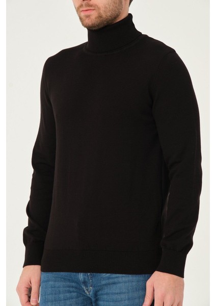 Erkek Pamuk Düz Triko Kazak Balıkçı Yaka Standart Fit Normal Kesim Siyah indirimleri