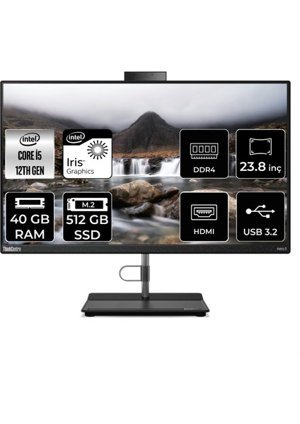 Thinkcentre Neo 30A Intel Core I5 1235U 40GB 512GB SSD 23.8" Fhd Fdos All In One Bilgisayar 12CE004KTX 12CE004KTXP337
