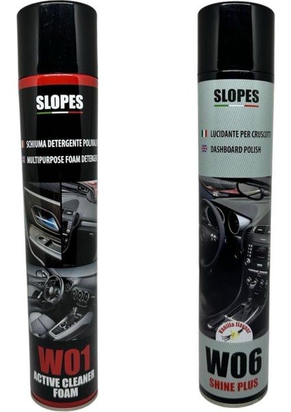 W06 Shine Plus Torpido Parlatıcı Sprey ve Slopes W01 Active Cleaner Foam Çok Amaçlı Temizleme Köpüğü 500ML.