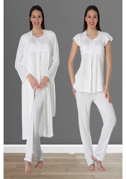Ekru Sabahlıklı Hamile Lohusa Pijama Takımı