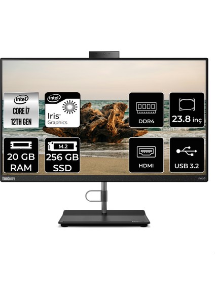 Thinkcentre Neo 30A Intel Core I7 1260P 20GB 256GB SSD 23.8" Fhd Fdos All In One Bilgisayar 12B0008JTX 12B0008JTXP316
