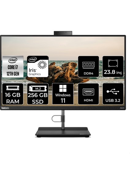 Thinkcentre Neo 30A Intel Core I7 1260P 16GB 256GB SSD 23.8" Fhd W11P All In One Bilgisayar 12B0008JTX 12B0008JTXP411