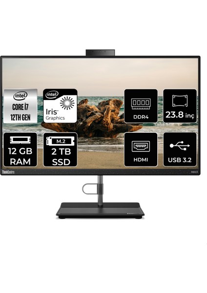 Thinkcentre Neo 30A Intel Core I7 1260P 12GB 2tb SSD 23.8" Fhd Fdos All In One Bilgisayar 12B0008JTX 12B0008JTXP309