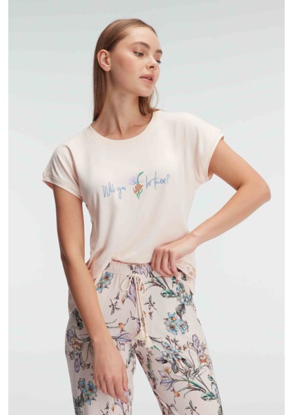 9890 Kısa Kol Bisiklet Yaka Kadın Viskon Çiçek Desenli Yazlık Örme Normal Bel Pijama Takımı