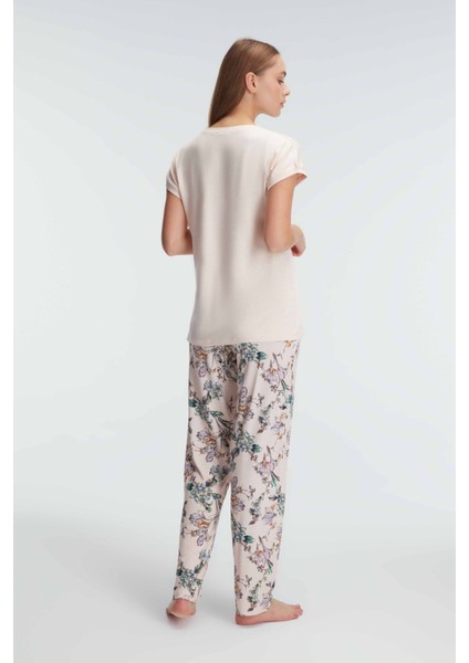 9890 Kısa Kol Bisiklet Yaka Kadın Viskon Çiçek Desenli Yazlık Örme Normal Bel Pijama Takımı