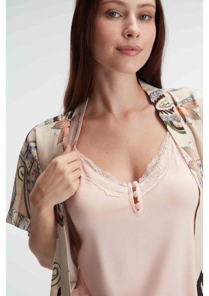 5840 Ip Askılı V Yaka Kadın Viskon Çiçek Desenli Yazlık Dantel Detaylı Pijama Takımı Sabahlık