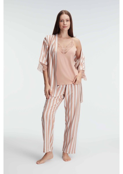 5821 Ip Askılı V Yaka Kadın Viskon Çizgili Desenli Yazlık Örme Pijama Takımı Sabahlık