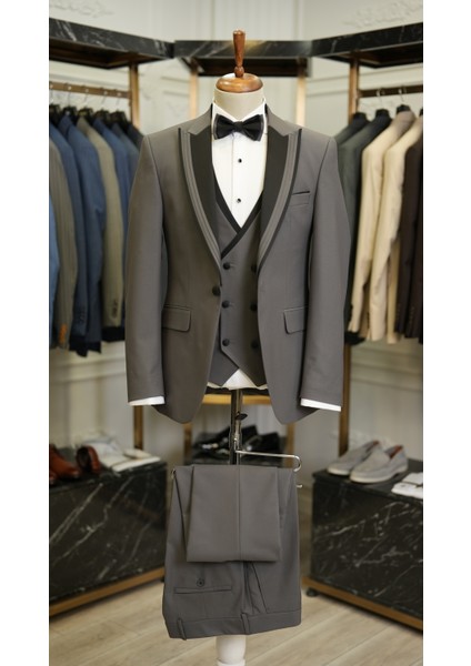 Erkek Smokin Damatlık Kırlangıç Yaka Italyan Stil Slim Fit Ceket Yelek Pantolon Papyon-Gri
