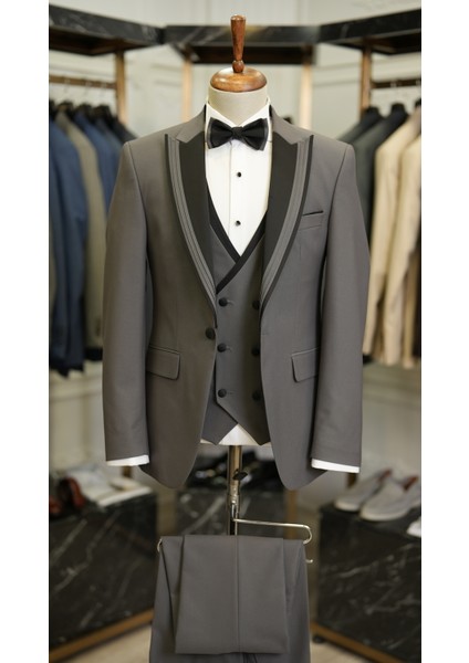 Erkek Smokin Damatlık Kırlangıç Yaka Italyan Stil Slim Fit Ceket Yelek Pantolon Papyon-Gri fiyatları