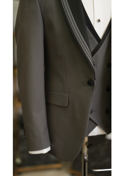 Erkek Smokin Damatlık Kırlangıç Yaka Italyan Stil Slim Fit Ceket Yelek Pantolon Papyon-Gri fırsatları