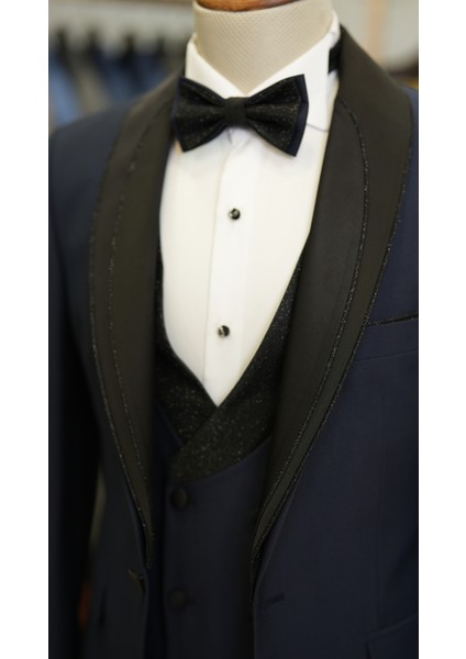 Erkek Smokin Damatlık Simli Şal Yaka Italyan Stil Slim Fit Ceket Yelek Pantolon Papyon-Lacivert