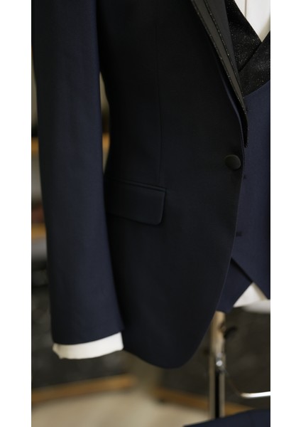 Erkek Smokin Damatlık Simli Şal Yaka Italyan Stil Slim Fit Ceket Yelek Pantolon Papyon-Lacivert