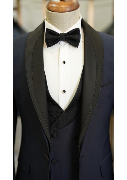 Erkek Smokin Damatlık Simli Şal Yaka Italyan Stil Slim Fit Ceket Yelek Pantolon Papyon-Lacivert