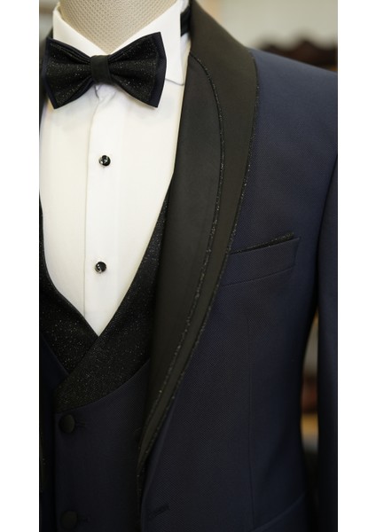Erkek Smokin Damatlık Simli Şal Yaka Italyan Stil Slim Fit Ceket Yelek Pantolon Papyon-Lacivert