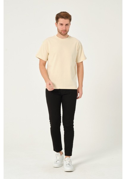Erkek %100 Pamuk Owersize Kesim Bisiklet Yaka Kısa Kollu Tişört Bej fiyatları
