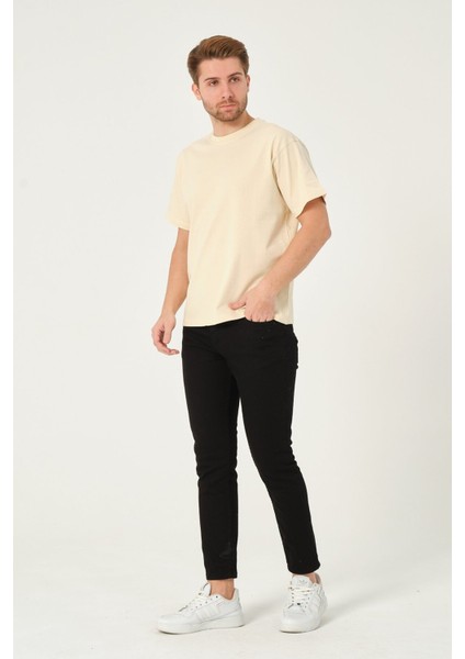 Erkek %100 Pamuk Owersize Kesim Bisiklet Yaka Kısa Kollu Tişört Bej modelleri