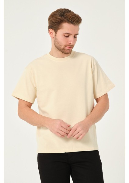 Erkek %100 Pamuk Owersize Kesim Bisiklet Yaka Kısa Kollu Tişört Bej fırsatları