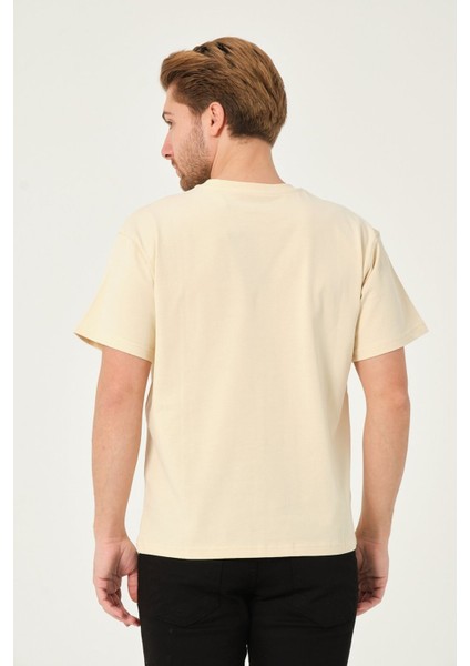 Erkek %100 Pamuk Owersize Kesim Bisiklet Yaka Kısa Kollu Tişört Bej indirimleri