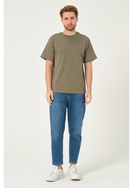 Erkek %100 Pamuk Owersize Kesim Bisiklet Yaka Kısa Kollu Tişört Haki fiyatları