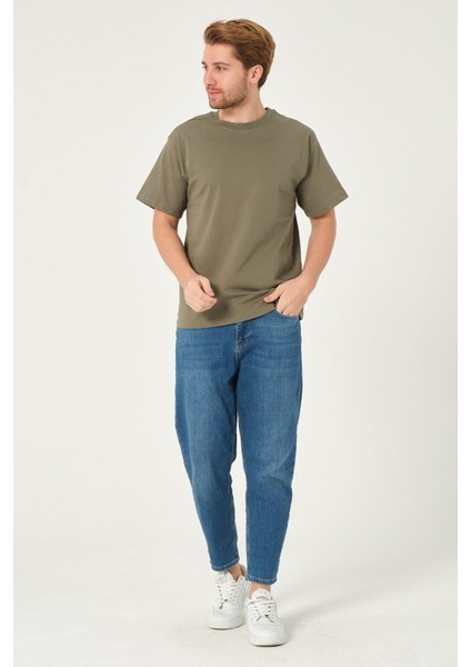 Erkek %100 Pamuk Owersize Kesim Bisiklet Yaka Kısa Kollu Tişört Haki modelleri