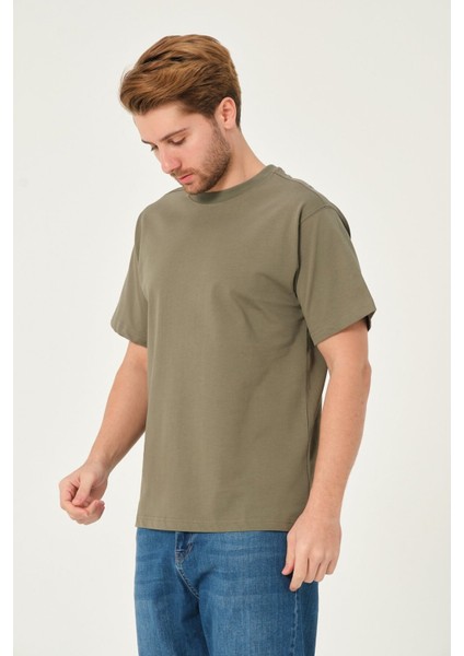 Erkek %100 Pamuk Owersize Kesim Bisiklet Yaka Kısa Kollu Tişört Haki fırsatları