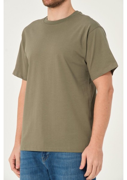 Erkek %100 Pamuk Owersize Kesim Bisiklet Yaka Kısa Kollu Tişört Haki indirimleri