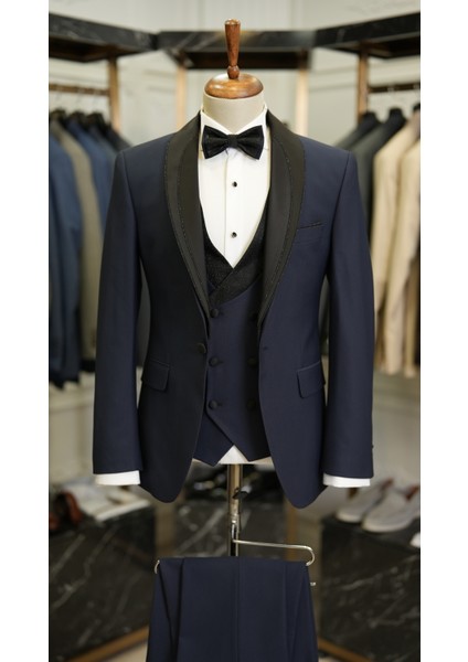 Erkek Smokin Damatlık Simli Şal Yaka Italyan Stil Slim Fit Ceket Yelek Pantolon Papyon-Lacivert