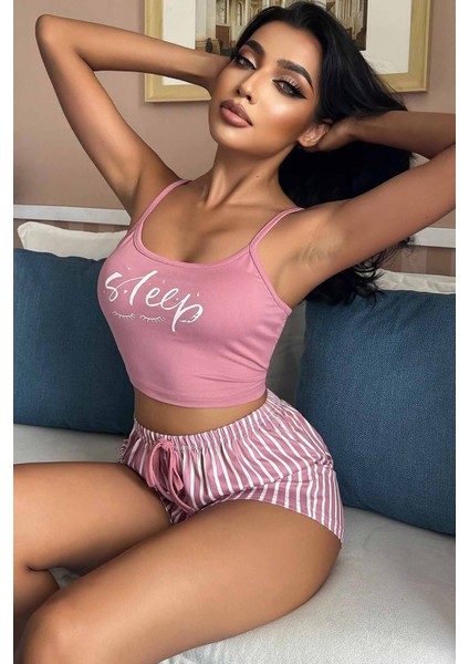 Kadın Askılı Pijama Takımı Şeritli Desen ile Rahat Kullanım 2 Parça indirimleri