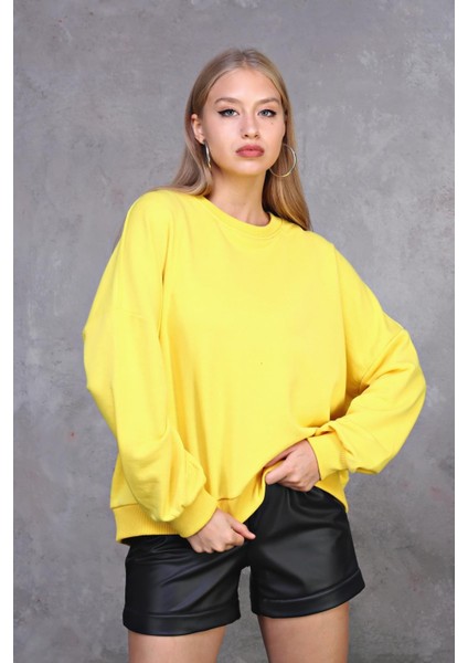 Fancy Kadın Bisiklet Yaka Yumuşacık İçi Pamuklu Oversize Basic Kalın Sweatshirt