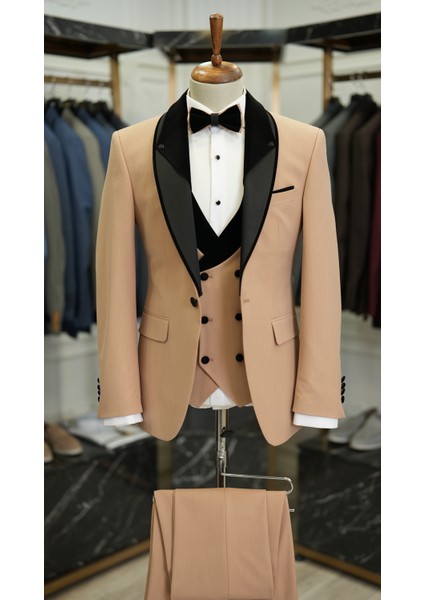 Erkek Smokin Damatlık Boncuklu Şal Yaka Italyan Stil Slim Fit Ceket Yelek Pantolon Papyon-Krem