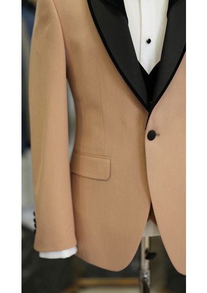 Erkek Smokin Damatlık Boncuklu Şal Yaka Italyan Stil Slim Fit Ceket Yelek Pantolon Papyon-Krem fiyatları