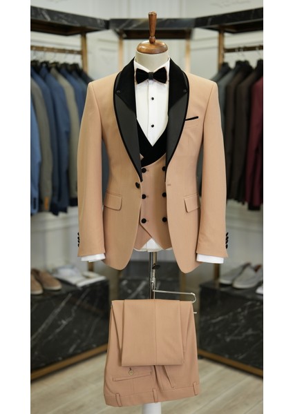 Erkek Smokin Damatlık Boncuklu Şal Yaka Italyan Stil Slim Fit Ceket Yelek Pantolon Papyon-Krem modelleri