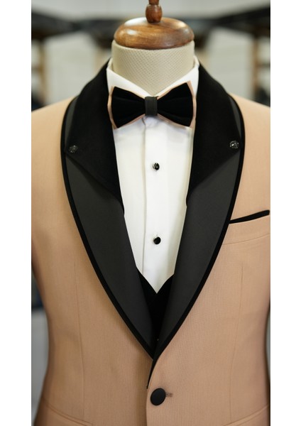 Erkek Smokin Damatlık Boncuklu Şal Yaka Italyan Stil Slim Fit Ceket Yelek Pantolon Papyon-Krem fırsatları