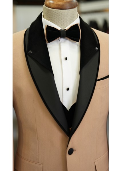 Erkek Smokin Damatlık Boncuklu Şal Yaka Italyan Stil Slim Fit Ceket Yelek Pantolon Papyon-Krem indirimleri