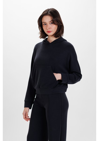 Kadın Siyah Kapüşonlu Oversize Ultra Soft Sweat