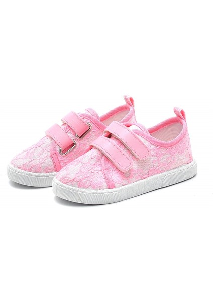 Çift Cırtlı Dantelli Keten Spor Çocuk AYAKKABISI-PEMBE-F-4005