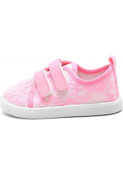 Çift Cırtlı Dantelli Keten Spor Çocuk AYAKKABISI-PEMBE-F-4005