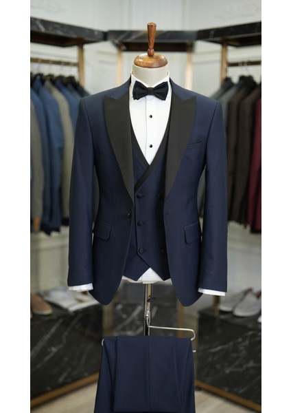 Erkek Smokin Damatlık Kırlangıç Yaka Italyan Stil Slim Fit Ceket Yelek Pantolon Papyon-Lacivert