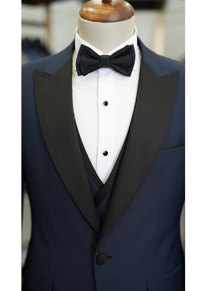 Erkek Smokin Damatlık Kırlangıç Yaka Italyan Stil Slim Fit Ceket Yelek Pantolon Papyon-Lacivert