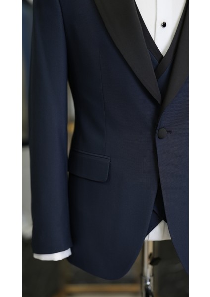 Erkek Smokin Damatlık Kırlangıç Yaka Italyan Stil Slim Fit Ceket Yelek Pantolon Papyon-Lacivert