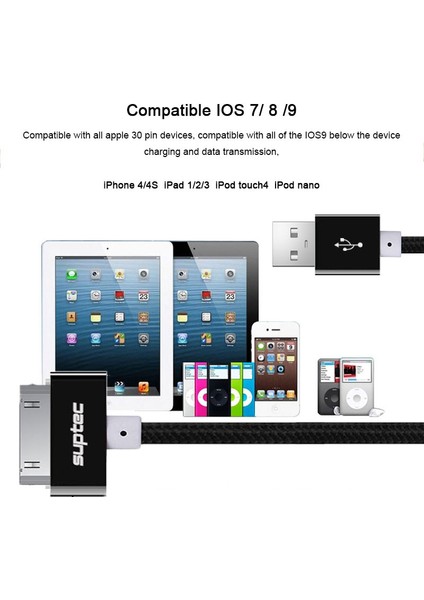 Suptec USB Kablosu iPhone 4 4s Için Naylon Örgülü Tel Hızlı Şarj 30 Pin Şarj Aleti Kablosu iPad 1 2 3 Ipod Nano Veri Kablosu (Yurt Dışından)